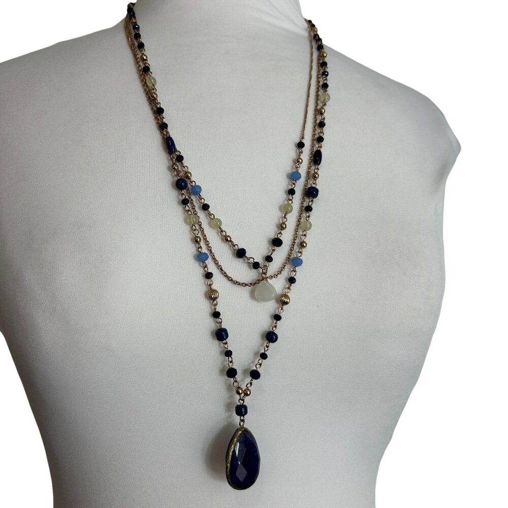 Multi Strand 1946 Necklace Beaded Blue Gold Tone Pendant 24-27"